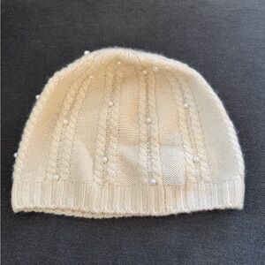 Forte‎ Cashmere cream 100% cashmere faux pearl embellished knit women beanie hat